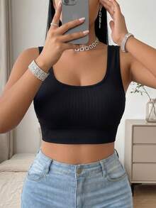 Plus Size Women Ribbed Knit Crop Tank Top Wide Strap Seamless Square Neck Camisole High Stretch Base Layer Vest - Black - View 4