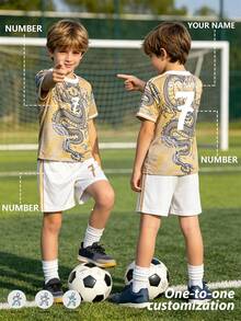 Jersey Sepak Bola Anak Laki-laki & Perempuan Motif Naga Kuning, Ukuran 25-26 Tahun, 2pcs/Set, Kustomisasi Nama & Nomor/Gaya Bintang Klub Populer - Kuning - View 3
