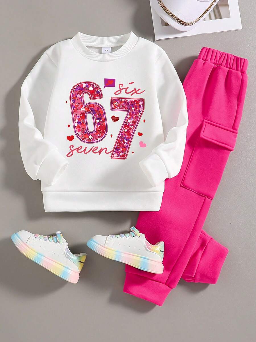 Young Girl Letter & Number Print Crew Neck Sweatshirt And Sweatpants Casual Daily Set - White - View 1