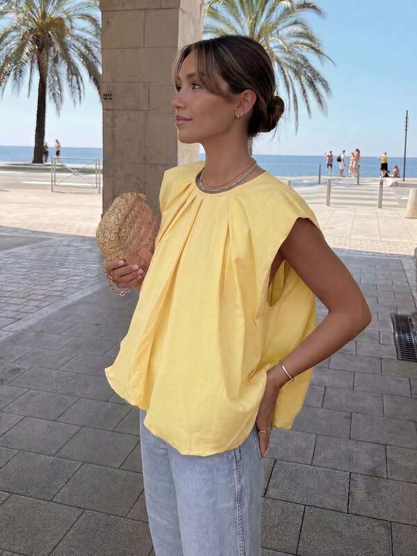 HoloChill Top Feminino Young Influencer Casual de Cor Sólida Plissado sem Mangas 2026 Novo Verão Casual Decote Redondo Solto, Roupa Feminina de Primavera Roupa Feminina de Férias Top de Festa Roupa Feminina de Praia Top Feminino para Passeio Top Feminino Elegante Roupa de Férias de Verão Baile de Formatura Luxo Dia da Independência Futebol Roupa de Outono