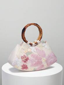European & American Women's Elegant Shiny Multicolor Leaf & Floral Patchwork Handbag, Fashionable Vintage Classical Style Wooden Ring Design Evening Bag, Mini Square Handbag, Suitable For Party Girls, Brides, College Students, New Professionals & White-Collar Women, Perfect For Parties, Balls, Weddings, Matches Ball Accessories, Random Pattern - Pink - View 6