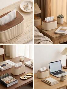 1pc Nordic Minimalist Style Tissue Box, INS Creamy Vertical Stripe Decor, Solid Wood Lid, Built-In Spring Smooth Dispensing, Fits Multiple Tissue Sizes, Suitable For Bathroom Vanity Countertop, Bedroom Dresser, Living Room, Nightstand, Desk, Office Desktop Storage Tissue Holder - Multicolor - View 11
