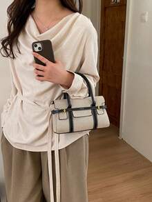 Women's Fashion Colorblock Canvas Tote Bag, Large Capacity Vintage Patchwork Commuter Handbag - Black - View 6