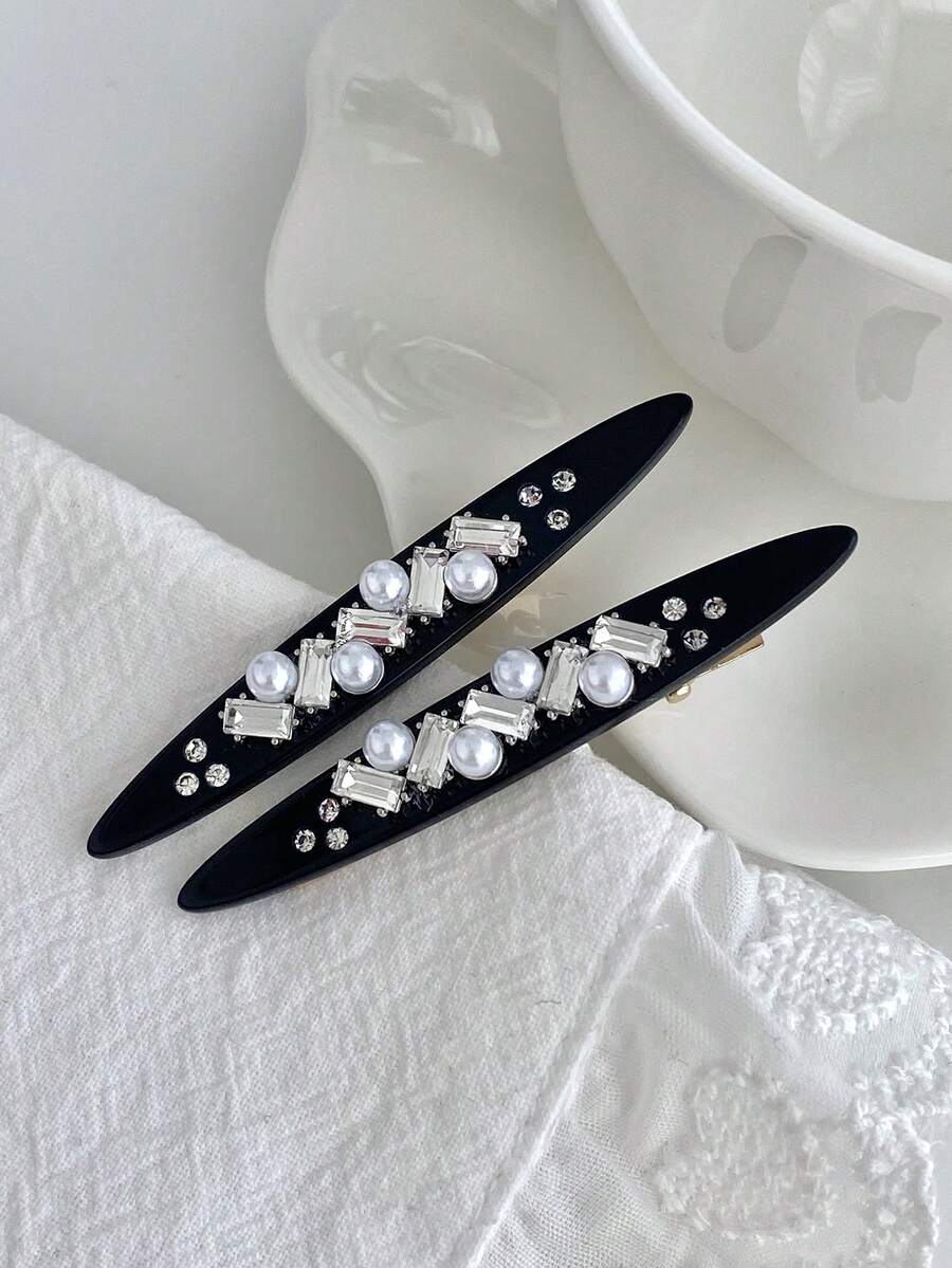 1pc New Black Pearl Rhinestone Hair Clip Women's Premium Elegant Side Alligator Hair Clip Versatile Hair Accessory - Multicolor - View 1