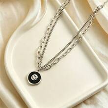 Kalung Liontin Wajah Tersenyum Bertumpuk Dua Lapis Stainless Steel untuk Wanita, Gaya Fashion yang Manis & Keren - Perak - View 7