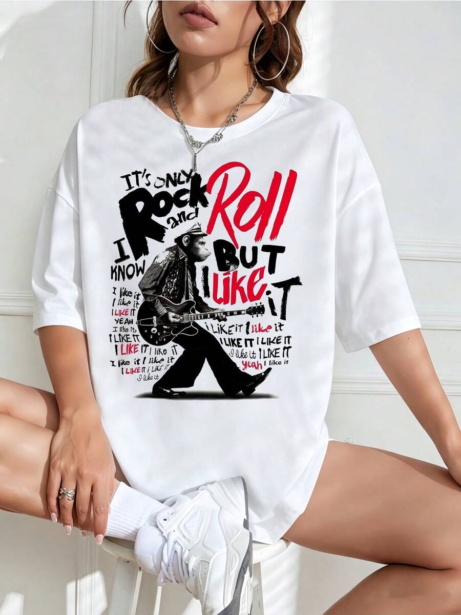 Vintage Retro Rock'n'roll Unisex T-Shirt With Monkey And Guitar Design, Punk Style, Oversized, 90s Rock, Gothic, Streetwear, Loose Fit, Short Sleeves, For Men And Women. - White - View 1