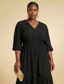 FASHION MIX PREMIUM Elegant Long Dress With Slit And Ruffle On The Hem 3/4 Puff Sleeves With V-Neckline And Tie At The Waist Women's Plus Size - 黑色 - 查看 2