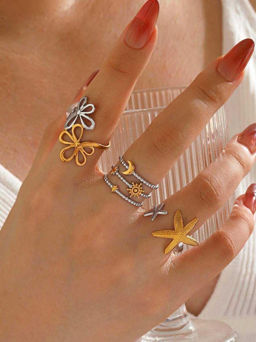 3pcs Stainless Steel 18K Gold Plated Dual-Tone Star Moon Ring Set, Suitable For Women's Daily Wear And Vacation - Multicolor - View 1