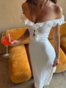 Elegant White Sleeveless Fitted Cocktail Dress With Ruffle Collar And Open Back Design, Women's Long Dress - White - View 1