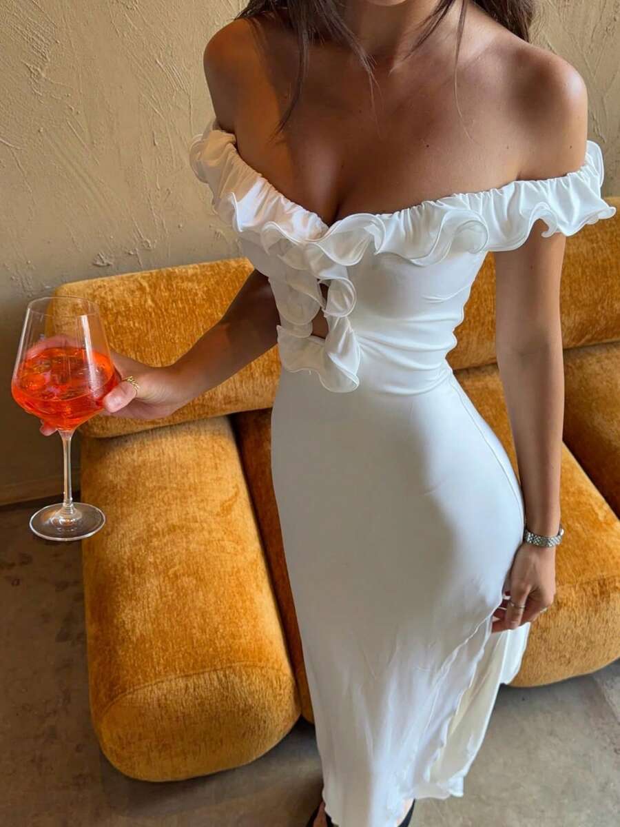 Elegant White Sleeveless Fitted Cocktail Dress With Ruffle Collar And Open Back Design, Women's Long Dress - White - View 1