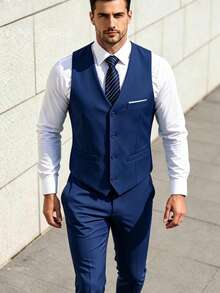 Conjunto de traje de 2 piezas azul real para hombre - chaleco y pantalones, unicolor elegante de corte slim, casual, de negocios, de boda, de fiesta, tallas XS-3XL - azul real - Ver 4