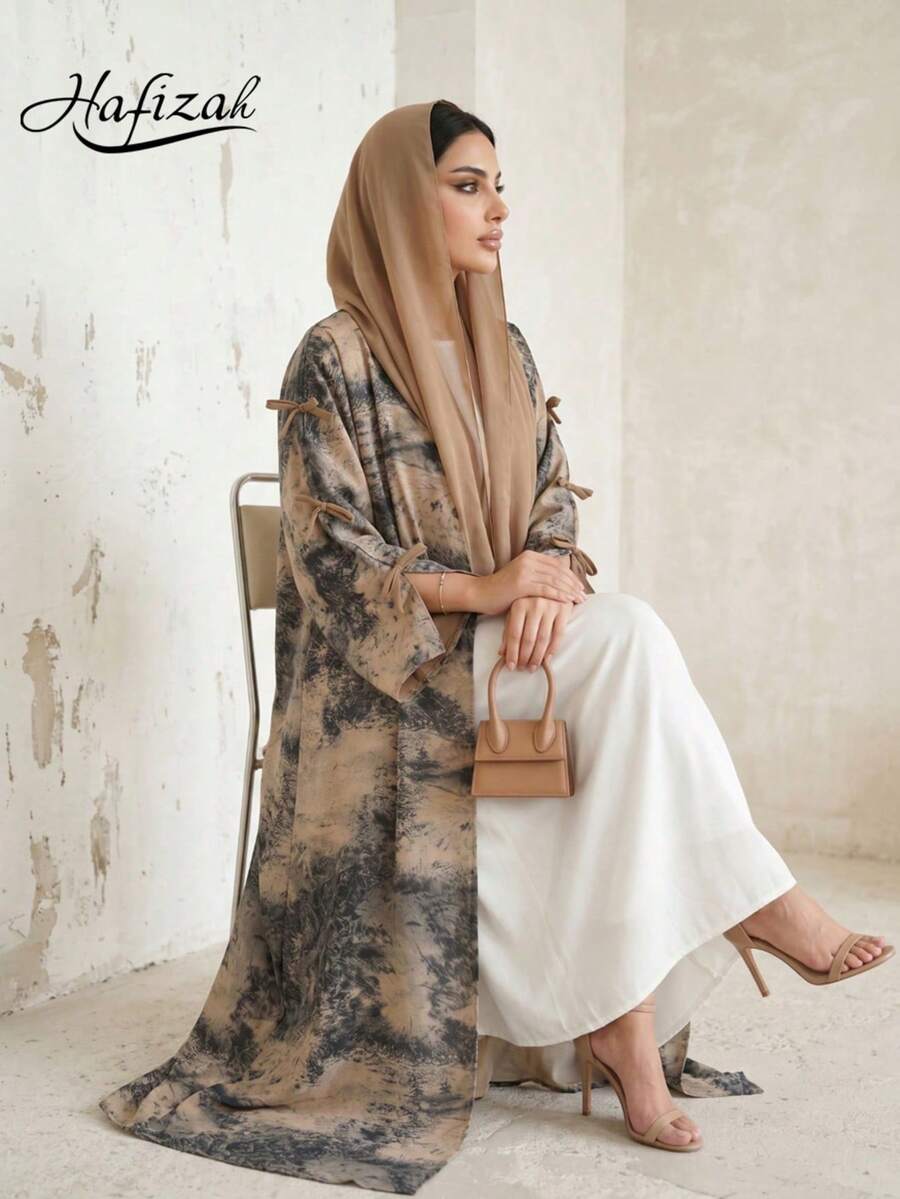 Hafizah 女款穆斯林端莊時尚雪紡印花兩件套,含希賈布,夏季休閒外套 - 杏色 - 查看 1