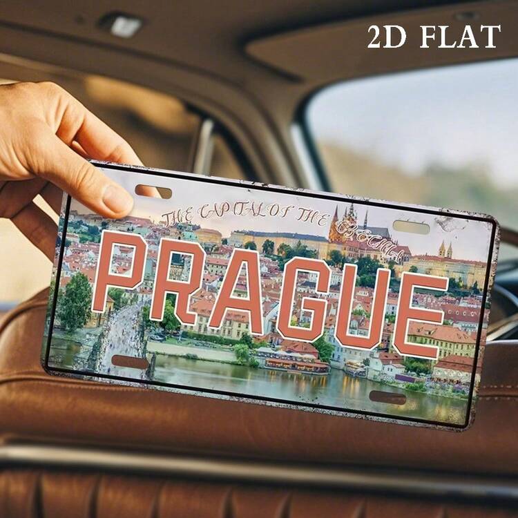 إطار لوحة ترخيص براغ عتيق مسطح ثنائي الأبعاد - 30.0X15.01 سم، يتميز بتصميم منظر طبيعي لمدينة أوروبية ريفية مع نص "براغ"، مناسب لديكور السيارة أو المرآب أو فن الجدران المنزلية، سهل التركيب (نمط عشوائي) - A - مشاهدة 5