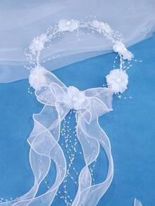 KOVLYNE 浪漫白色花朵珍珠蝴蝶結髮飾，女款仙女風長款後垂式髮飾，優雅波西米亞公主派對髮飾，花園派對吸睛飾品 - 白色 - 查看 2