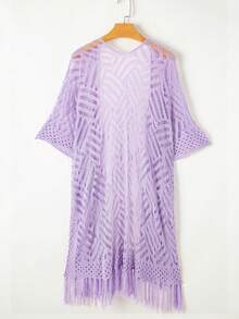 Acelitt 女款純色極簡日常流蘇裝飾和服式罩衫 夏季 - 淡紫色 - 查看 7
