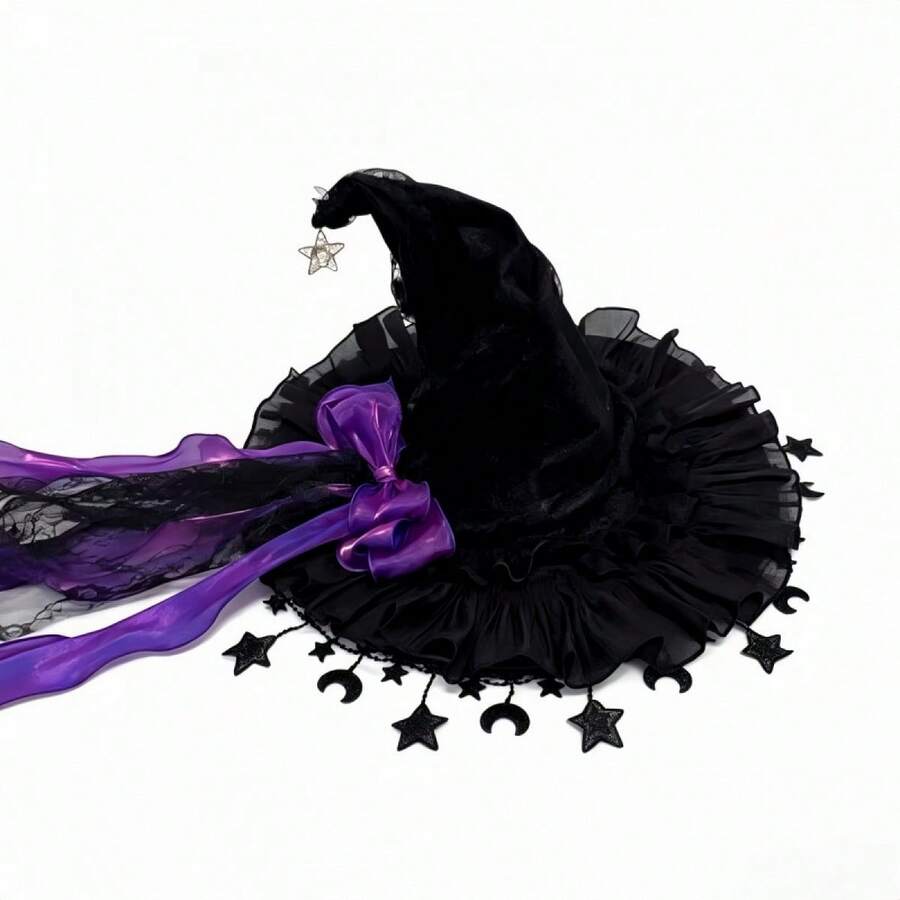 Halloween Black Lace Witch Hat With Star Moon Pendants, Gothic Dark ...