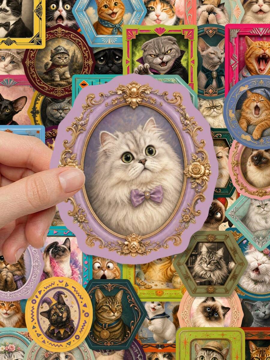 50 Buah Stiker Potret Kucing Lukisan Minyak Antik, Stiker Kucing Berbagai Ras dengan Bingkai Ornamen Retro untuk Perencana, Buku Catatan, Botol Minum & Kerajinan Estetika Hewan Peliharaan Vintage - MultiWarna - View 1