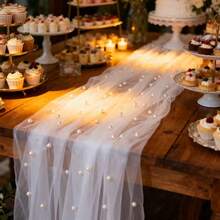 1pc White Faux Pearl Tulle Table Runner, Semi-Transparent Polyester Fabric, Pearl Mesh Cake Dessert Tablecloth, Solid Color Design, Suitable For Wedding, Bridal Shower, Birthday, Holiday And Home Party Table Decor - White 1PC - View 2