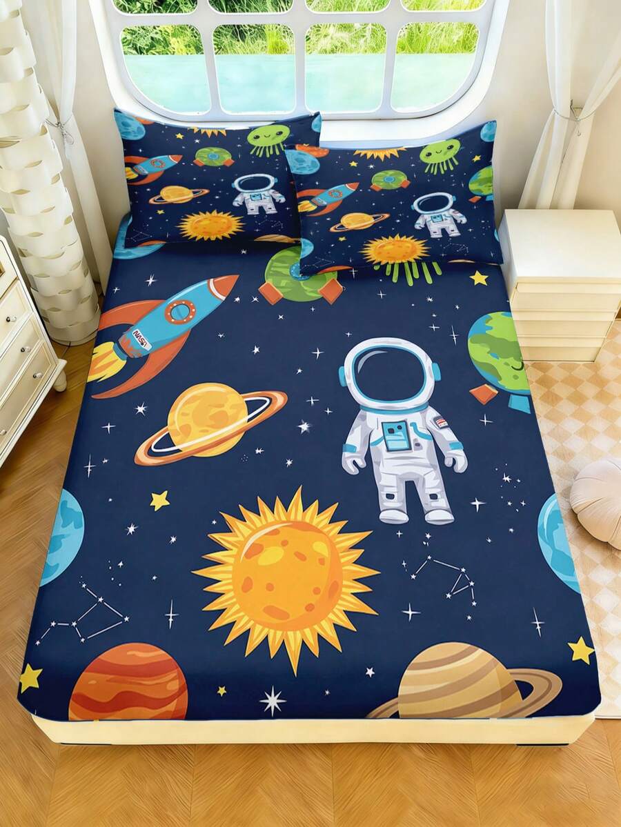 2/3件組卡通太空太空人行星火箭印花兒童床單，趣味太空風聚酯纖維布料，適合男孩臥室、太空主題兒童房、生日派對 - 彩色 - 查看 1