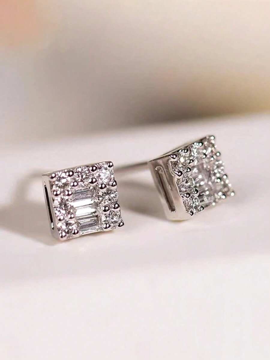 1 Pair Women's Elegant Cubic Zirconia Stud Earrings, Suitable For Wedding, Engagement, Anniversary, Valentine's Day Gift - 3# - View 1