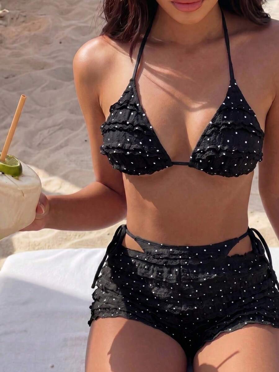 夏季時尚性感波點蕾絲波浪掛脖比基尼,露背綁帶比基尼套裝含比基尼褲,適合海灘、度假、海邊、休閒、派對、聚會 - 黑底白波點 - 查看 1