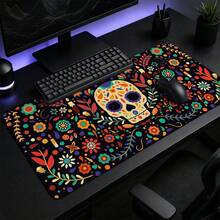 Alfombrilla de escritorio grande con diseño de calavera de azúcar y flores del Día de Muertos mexicano, estampado colorido de flores folclóricas y velas sobre fondo negro, alfombrilla de ratón de goma antideslizante, impermeable, almohadilla larga para teclado, adecuada para tocador de maquillaje y decoración de escritorio de oficina - Ver 3