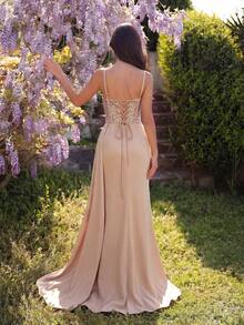 ADYCE Elegant V-Neck Suspender With Rhinestone Hot Stamping Perspective, High Waisted Long Ribbon Split Open Backless Lace Up And Floor Party Dress Prom - Apricot - View 2