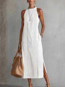 Women's Solid Color Fashionable Halter Neck Sleeveless Casual Dress White Elegant Summer - White - View 3