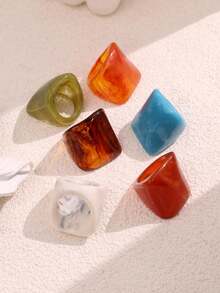 Set 6 buah cincin resin berwarna-warni, serbaguna, personal, modis, geometris, minimalis, lebar, dan berlebihan untuk wanita, cocok untuk pemakaian sehari-hari, liburan, dan pesta. - MultiWarna - View 7