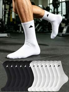 1/6/12/18 Pairs Men's Soft Round Socks, Triangle Logo Ribbed Cushioned Sports Socks, Comfortable Casual Mid-Calf Socks, Suitable For Gym, Running, Daily Wear - Multicolor - View 1