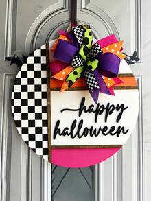 Halloween Front Door Hangings, Halloween Checkered Wreaths, "Happy Halloween" Wreaths, Front Door Decorations, 3D Wreaths, Vintage Home Decor, Outdoor Porch Wooden Signs, Gifts - Multicolor - View 9