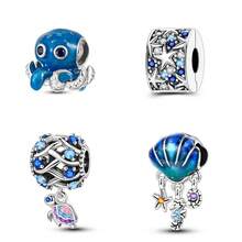 1 Stück Meerjungfrau Strandstil S925 Sterling Silber hypoallergen Ozean Muschel Quaste Oktopus Seestern Schildkröte Perlenarmband, geeignet für Originalarmband, Damen DIY Schmuckherstellung, Geburtstagsgeschenk - Blau - Übersicht 12