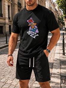 Men Street Fashion Print T-Shirt Cotton Casual Tee - 黑色 - 查看 1
