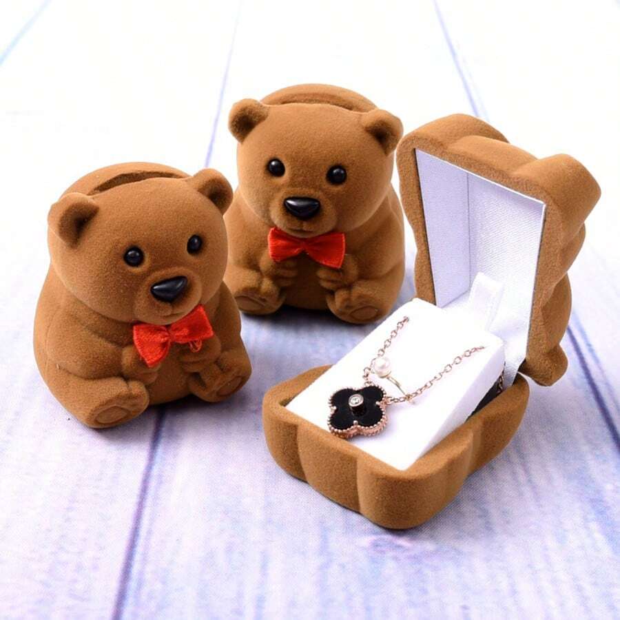 Cute Bear Cartoon Storage Box, Jewelry Packaging Box, Ring & Earring Box, Flocked Jewelry Box, Birthday Gift - Multicolor - View 1