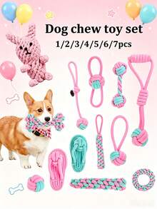 1/2/3/4/5/6/7pcs Pet Dog Cotton Rope Toy Set, Durable Chewing & Teething Rope Toys For Medium & Puppy Dogs, Teeth Cleaning Interactive Tug Rope Toys, Pet Chew Toys - Multicolor - View 1