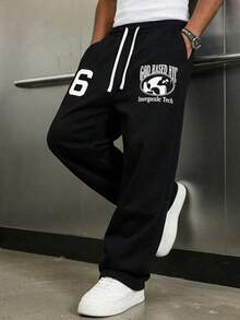 Men's Size 6 Number & Letter Print Drawstring Loose Sweatpants, Retro Casual Outdoor Sports Wide Leg Long Pants Black - Black - View 2