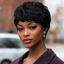 AMECIRE Wig Keriting Hitam Potongan Pixie Wig Rambut Pendek Wanita Wig Rambut Manusia dengan Poni Bentuk Mengembang 4 Inci Topi Jaring Elastis Cocok untuk Pemakaian Sehari-hari - Natural Black - View 3