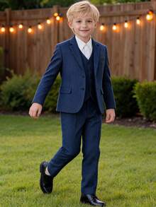 Boys 3 PiecesHerringbone Twill Suit Blazer Waistcoat Dress Pants For Wedding Birthday School Stage Formal Occasions Navy Blue Size 6-16Y - Navy Blue - View 7
