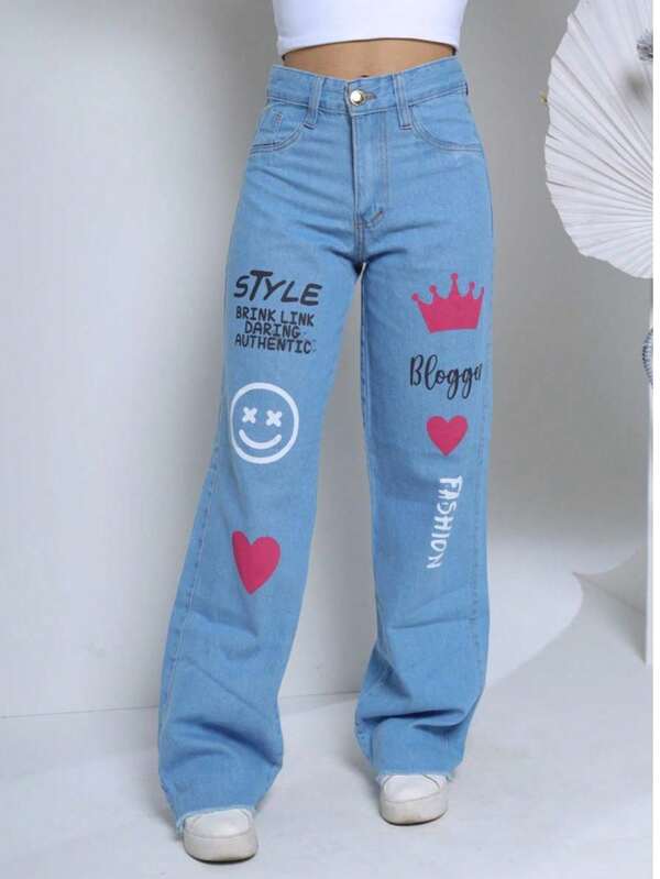 Calça Jeans Wide Leg Feminina Juvenil Menina Modelo Blogueira Moda Gringa Estampado Barra Desfiada