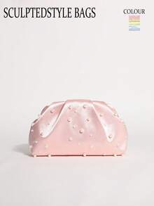 SCULPTEDSTYLE BAGS 1件裝粉色緞面軟雲朵手拿包女款，奢華珍珠裝飾與珠飾工藝，百褶設計，輕奢風晚宴包，附鏈條背帶正式包，適合舞會、晚宴、盛會 - 粉色 - 查看 8
