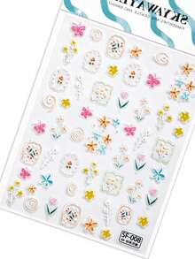 1pc Soft Pastel Floral Embossed Nail Stickers, Raised Hand Drawn Tiny Flower Wavy Frame Design Waterproof Self-Adhesive Nail Decal Stickers For Spring Vacation Nail Making - Colorful - View 3