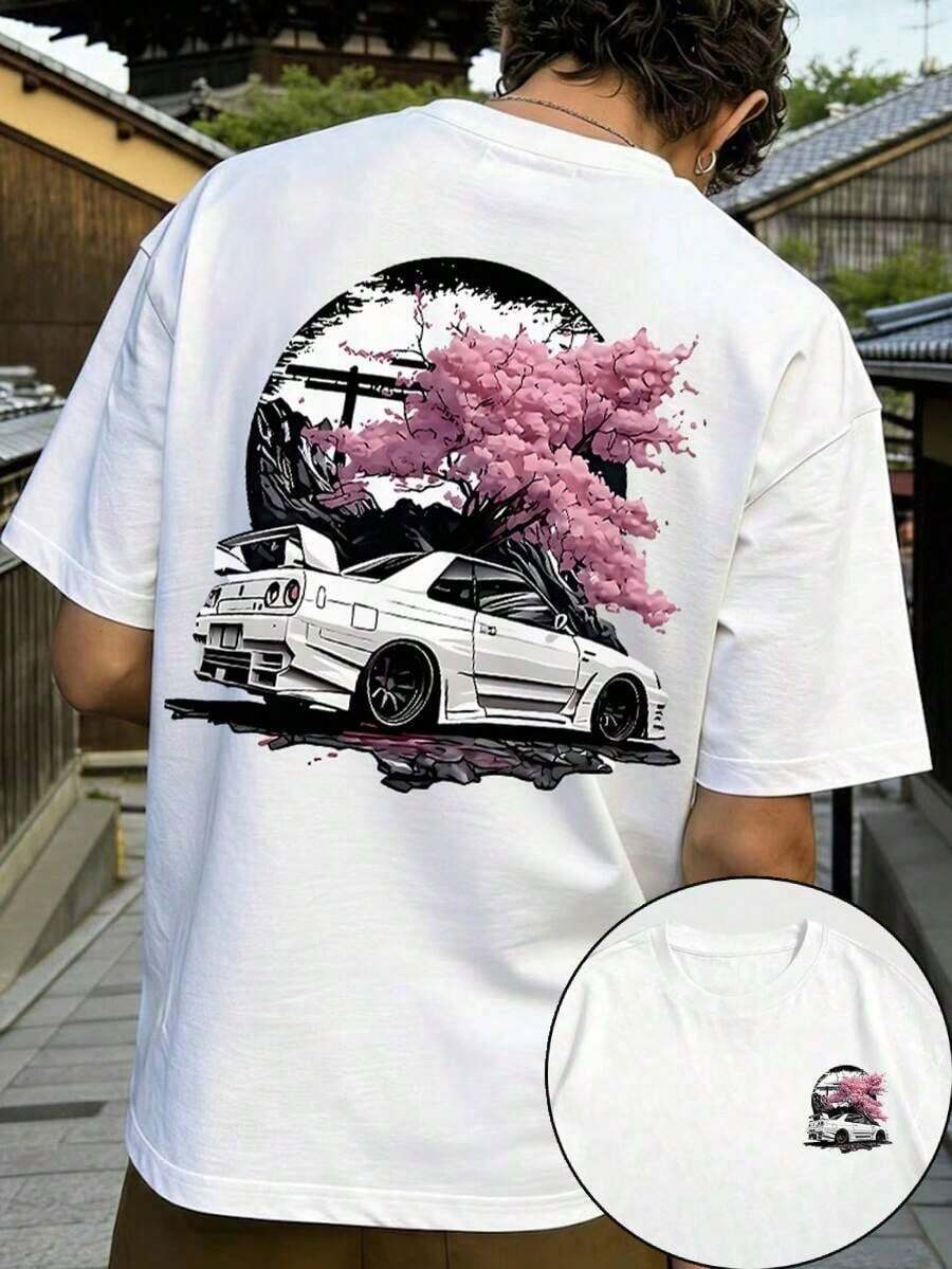 Drift Japonais JDM Fractyr Camiseta de manga corta con cuello redondo para hombre, con estampado minimalista de árbol de cerezo y coche, estilo urbano de verano |   Estilo versátil, casual urbano, versátil, regalo para novio/esposo - Ropa unisex para uso diario de mujeres y hombres. - Blanco - Ver 1
