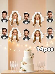 7/14/21pcs Customized Newlywed Wedding Dress Portrait Hollow Banner, Thickened Waterproof Cardstock, High-Definition Color Printing, Western Wedding Table Background - Multicolor - View 16