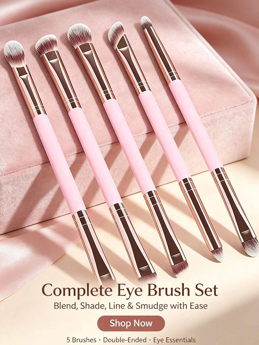 YZIMENG 5Pcs Double Ended Eye Makeup Brushes Set Soft Synthetic Eyeshadow Concealer Blending Eyebrow Liner Brush Pink Handle Professional Eye Makeup Tools - Pink - View 1