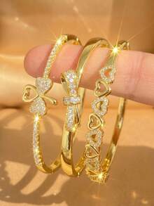 18K vergoldetes Herz & Schleife Zirkonia stapelbares Armband Set, verblassungsresistentes verstellbares Goldarmband, eleganter Damenschmuck, geeignet für tägliche, Hochzeits- und Partyanlässe - Verschiedenfarbig - Übersicht 2