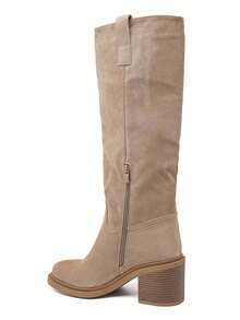 Women's Solid Color Zipper Mid-Calf Boots, Versatile Fashion For Daily Wear - Khaki 2523A-1 - View 3
