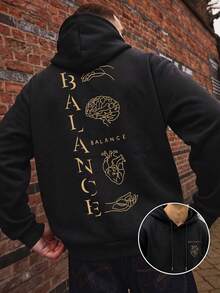 SU ER Men's Autumn/Winter Printed Loose Fleece Hooded Sweatshirt | Leading Fashion - Black - View 2