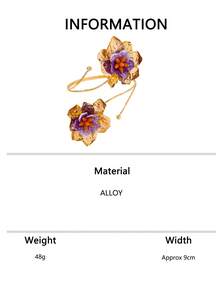 1pc Vintage Gilded Purple Flower Open Cuff Bracelet, 3D Floral Metal Arm Decor Bangle, Vacation Style - Golden Yellow - View 6
