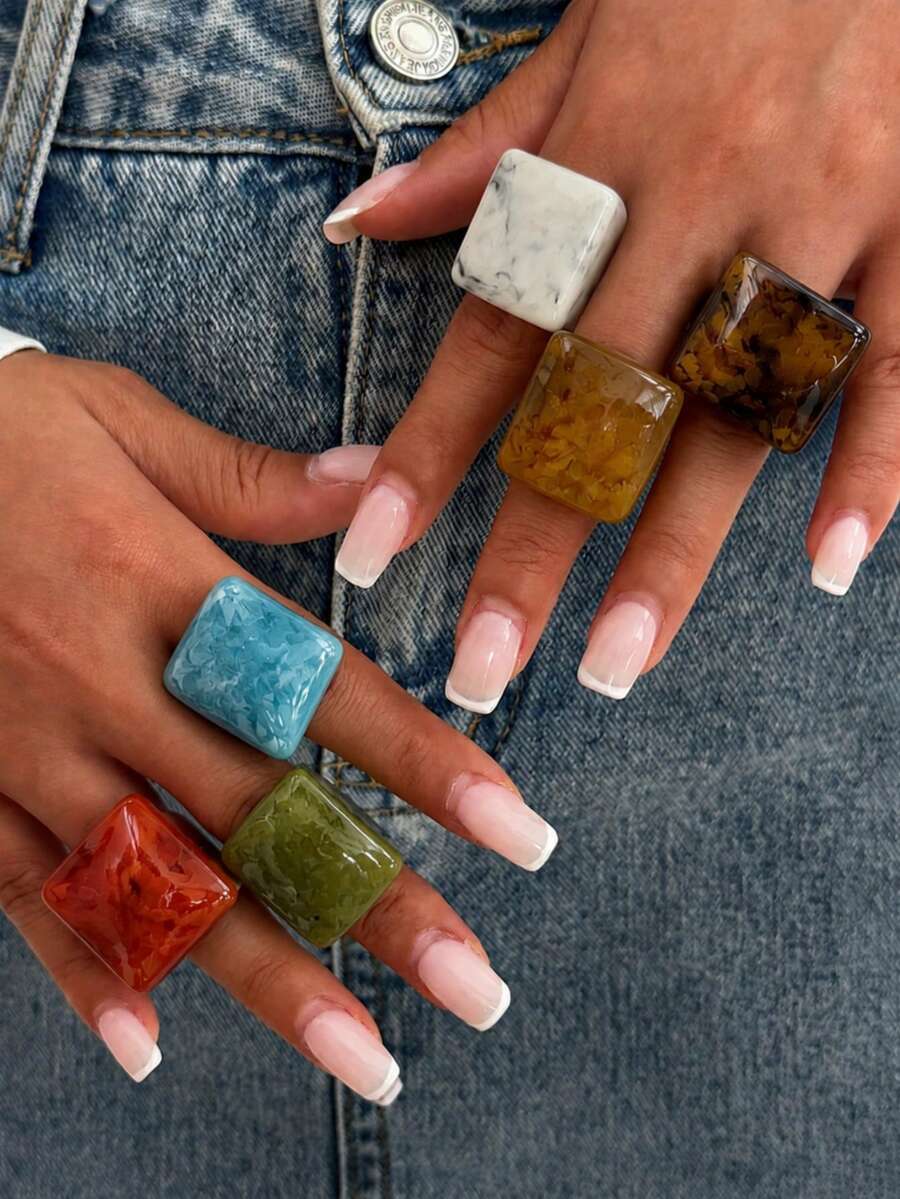 Set 6 buah cincin resin berwarna-warni, serbaguna, personal, modis, geometris, minimalis, lebar, dan berlebihan untuk wanita, cocok untuk pemakaian sehari-hari, liburan, dan pesta. - MultiWarna - View 1