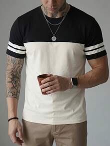 Men's Retro Contrast Color Round Neck Short Sleeve T-Shirt, New Design Patchwork Lightweight Summer Top - Apricot - View 3